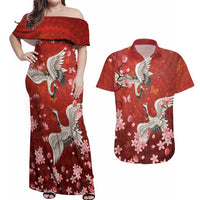 Hawaii Japan Cranes Sakura Flower Red Couples Matching Off Shoulder Maxi Dress and Hawaiian Shirt Japan Heritage Spirit - Polynesian Pride