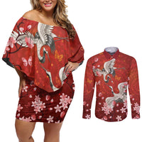 Hawaii Japan Cranes Sakura Flower Red Couples Matching Off Shoulder Short Dress and Long Sleeve Button Shirt Japan Heritage Spirit - Polynesian Pride