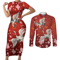 Hawaii Japan Cranes Sakura Flower Red Couples Matching Short Sleeve Bodycon Dress and Long Sleeve Button Shirt Japan Heritage Spirit - Polynesian Pride