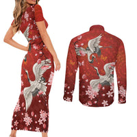 Hawaii Japan Cranes Sakura Flower Red Couples Matching Short Sleeve Bodycon Dress and Long Sleeve Button Shirt Japan Heritage Spirit - Polynesian Pride