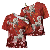 Hawaii Japan Cranes Sakura Flower Red Cross Shoulder Shirt Japan Heritage Spirit - Polynesian Pride