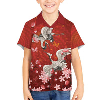 Hawaii Japan Cranes Sakura Flower Red Family Matching Off Shoulder Short Dress and Hawaiian Shirt Japan Heritage Spirit - Polynesian Pride