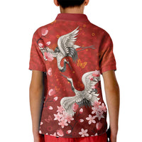 Hawaii Japan Cranes Sakura Flower Red Kid Polo Shirt Japan Heritage Spirit - Polynesian Pride