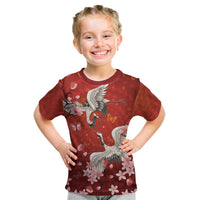 Hawaii Japan Cranes Sakura Flower Red Kid T Shirt Japan Heritage Spirit - Polynesian Pride