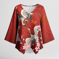 Hawaii Japan Cranes Sakura Flower Red Kimono Sleeve Blouse Japan Heritage Spirit - Polynesian Pride
