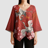 Hawaii Japan Cranes Sakura Flower Red Kimono Sleeve Blouse Japan Heritage Spirit - Polynesian Pride