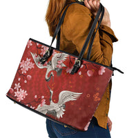 Hawaii Japan Cranes Sakura Flower Red Leather Tote Bag Japan Heritage Spirit - Polynesian Pride