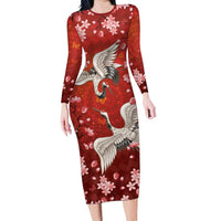 Hawaii Japan Cranes Sakura Flower Red Long Sleeve Bodycon Dress Japan Heritage Spirit - Polynesian Pride