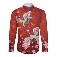 Hawaii Japan Cranes Sakura Flower Red Long Sleeve Button Shirt Japan Heritage Spirit - Polynesian Pride