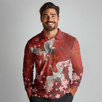 Hawaii Japan Cranes Sakura Flower Red Long Sleeve Polo Shirt Japan Heritage Spirit - Polynesian Pride