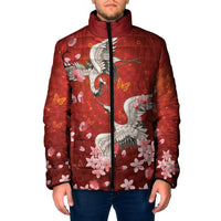 Hawaii Japan Cranes Sakura Flower Red Padded Jacket Japan Heritage Spirit - Polynesian Pride