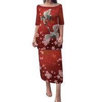Hawaii Japan Cranes Sakura Flower Red Puletasi Japan Heritage Spirit LT01 Long Dress Red - Polynesian Pride