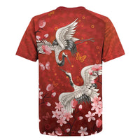 Hawaii Japan Cranes Sakura Flower Red Rugby Jersey Japan Heritage Spirit - Polynesian Pride