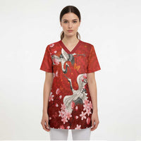Hawaii Japan Cranes Sakura Flower Red Scrub Top Japan Heritage Spirit - Polynesian Pride