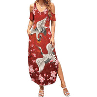 Hawaii Japan Cranes Sakura Flower Red Summer Maxi Dress Japan Heritage Spirit - Polynesian Pride