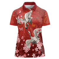 Hawaii Japan Cranes Sakura Flower Red Women Polo Shirt Japan Heritage Spirit - Polynesian Pride