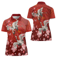 Hawaii Japan Cranes Sakura Flower Red Women Polo Shirt Japan Heritage Spirit - Polynesian Pride