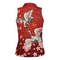 Hawaii Japan Cranes Sakura Flower Red Women Sleeveless Polo Shirt Japan Heritage Spirit - Polynesian Pride