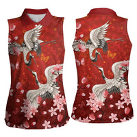 Hawaii Japan Cranes Sakura Flower Red Women Sleeveless Polo Shirt Japan Heritage Spirit - Polynesian Pride