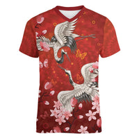 Hawaii Japan Cranes Sakura Flower Red Women V-Neck T-Shirt Japan Heritage Spirit - Polynesian Pride
