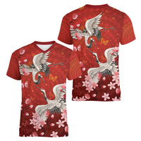 Hawaii Japan Cranes Sakura Flower Red Women V-Neck T-Shirt Japan Heritage Spirit - Polynesian Pride
