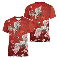 Hawaii Japan Cranes Sakura Flower Red Women V-Neck T-Shirt Japan Heritage Spirit - Polynesian Pride