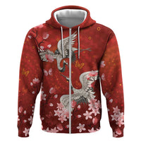 Hawaii Japan Cranes Sakura Flower Red Zip Hoodie Japan Heritage Spirit - Polynesian Pride