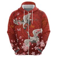 Hawaii Japan Cranes Sakura Flower Red Zip Hoodie Japan Heritage Spirit - Polynesian Pride