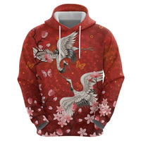 Hawaii Japan Cranes Sakura Flower Red Zip Hoodie Japan Heritage Spirit - Polynesian Pride