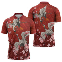 Hawaii Japan Cranes Sakura Flower Red Zipper Polo Shirt Japan Heritage Spirit - Polynesian Pride