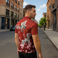 Hawaii Japan Cranes Sakura Flower Red Zipper Polo Shirt Japan Heritage Spirit - Polynesian Pride