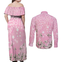 Cranes Sakura Floral Pink Pastel Couples Matching Off Shoulder Maxi Dress and Long Sleeve Button Shirt Hawaii Japan Culture - Polynesian Pride
