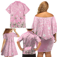 Cranes Sakura Floral Pink Pastel Family Matching Off Shoulder Short Dress and Hawaiian Shirt Hawaii Japan Culture - Polynesian Pride