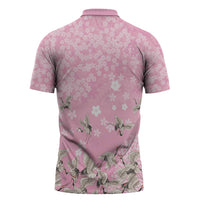 Cranes Sakura Floral Pink Pastel Zipper Polo Shirt Hawaii Japan Culture - Polynesian Pride