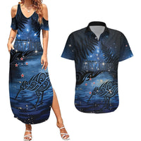 Personalised Matariki Kiwi Couples Matching Summer Maxi Dress and Hawaiian Shirt Silver Fern LT01 Black - Polynesian Pride