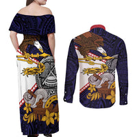 American Samoa Eagle Kava Bowl Couples Matching Off Shoulder Maxi Dress and Long Sleeve Button Shirt Plumeria Polynesian Pattern