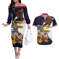 American Samoa Eagle Kava Bowl Couples Matching Off The Shoulder Long Sleeve Dress and Hawaiian Shirt Plumeria Polynesian Pattern