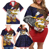 American Samoa Eagle Kava Bowl Family Matching Off Shoulder Short Dress and Hawaiian Shirt Plumeria Polynesian Pattern