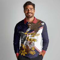 American Samoa Eagle Kava Bowl Long Sleeve Polo Shirt Plumeria Polynesian Pattern