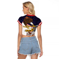 American Samoa Eagle Kava Bowl Raglan Cropped T Shirt Plumeria Polynesian Pattern