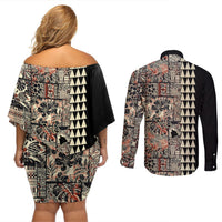 Hawaiian Quilt Couples Matching Off Shoulder Short Dress and Long Sleeve Button Shirt Hibiscus Kakau Vintage Style LT01 - Polynesian Pride