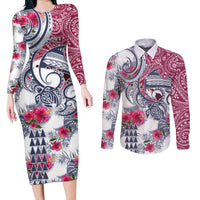Hawaii Kakau Mix Paisley Pattern Couples Matching Long Sleeve Bodycon Dress and Long Sleeve Button Shirt Polynesian Tropical Unique Style LT01 White - Polynesian Pride