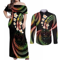 Hawaii Map Kanaka Maoli Couples Matching Off Shoulder Maxi Dress and Long Sleeve Button Shirt Fantastic Frangipani Reggae