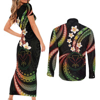 Hawaii Map Kanaka Maoli Couples Matching Short Sleeve Bodycon Dress and Long Sleeve Button Shirt Fantastic Frangipani Reggae