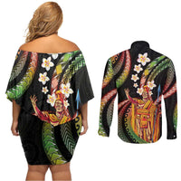 Hawaii King Kamehameha Couples Matching Off Shoulder Short Dress and Long Sleeve Button Shirt Fantastic Plumeria Reggae