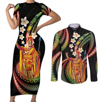Hawaii King Kamehameha Couples Matching Short Sleeve Bodycon Dress and Long Sleeve Button Shirt Fantastic Plumeria Reggae