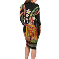 Hawaii King Kamehameha Long Sleeve Bodycon Dress Fantastic Plumeria Reggae