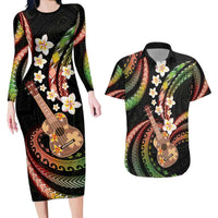Hawaiian Ukulele Couples Matching Long Sleeve Bodycon Dress and Hawaiian Shirt Jawaiian Fantastic Plumeria