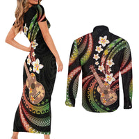 Hawaiian Ukulele Couples Matching Short Sleeve Bodycon Dress and Long Sleeve Button Shirt Jawaiian Fantastic Plumeria