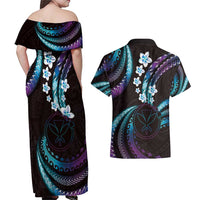 Hawaii Map Kanaka Maoli Couples Matching Off Shoulder Maxi Dress and Hawaiian Shirt Fantastic Frangipani Amethyst Gradient
